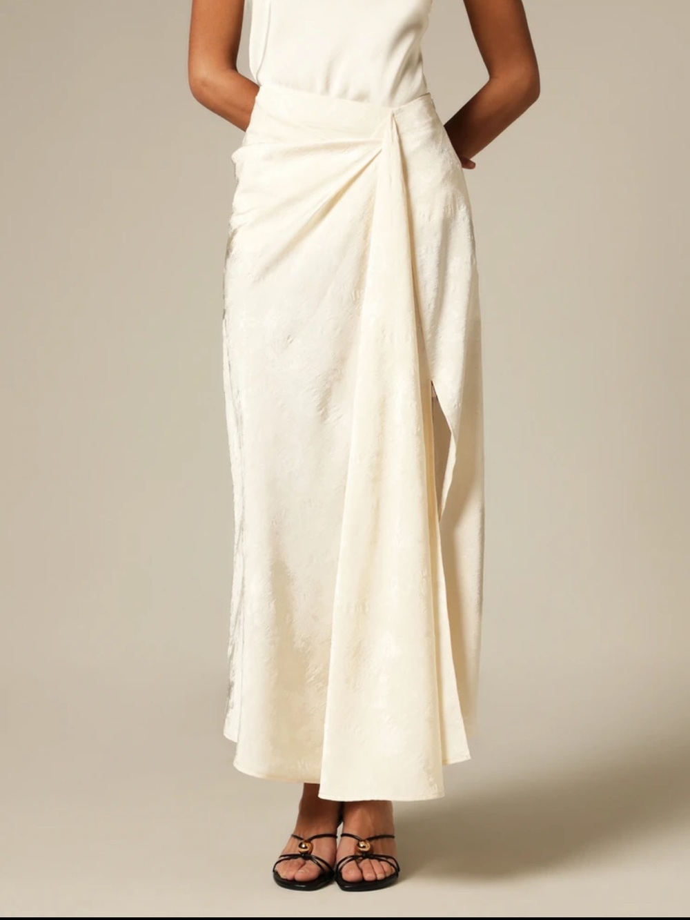 Ivory off white cream textured side slit front Draped midi Maxi Skirt - Picture 2 of 6